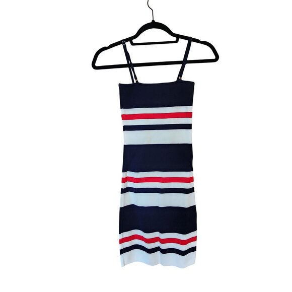 Body Con Striped Mini Dress With Spaghetti Straps Navy/Red/White Womens S By See - Picture 2 of 3